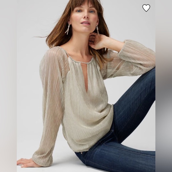 💛NWT White House Black Market Long Sleeve Silver/Gold Lurex On Ecru Crinkle Top - Picture 5 of 6